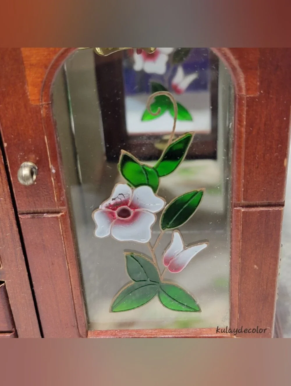 Vintage Wooden Jewelry Box Organizer 3 Drawer Mirrored Floral Glass Door Trinket